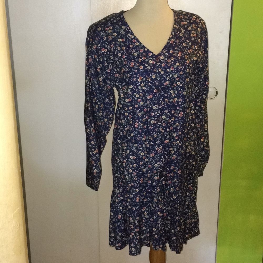 Vintage Take Away Large dark blue flowered rayon New With Tags long sleeve dress